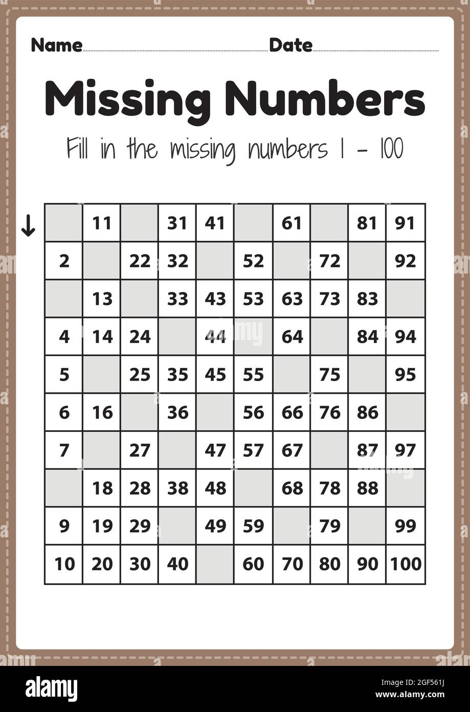 Preschool Math Worksheets Missing Numbers 1 To 100 Printable Sheet For Kindergarten Kids Activity To Learn Basic Mathematics Skills Stock Vector Image Art Alamy Free Math Worksheets Auto Generated With Answers