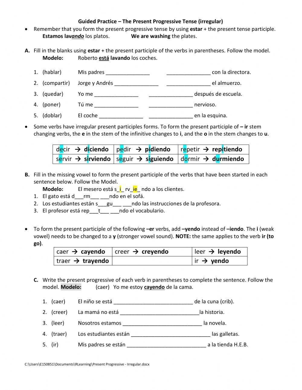 Present Progressive Irregular Guided Practice Worksheet Live Worksheets Library