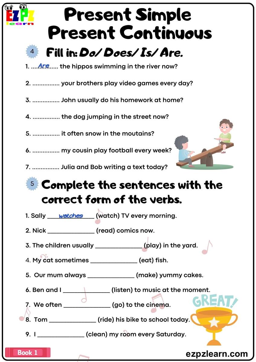 Present Simple And Present Continuous Grammar Worksheet Fill In The Answers With Do Does Or Is Are Book1 Ezpzlearn