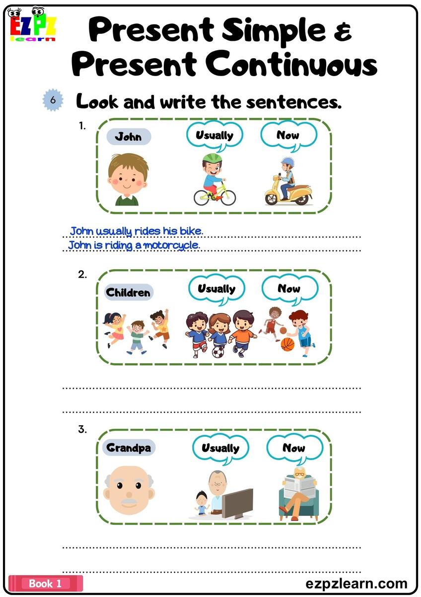 Present Simple And Present Continuous Grammar Worksheet Look At The Images And Write The Sentences Pdf Ezpzlearn