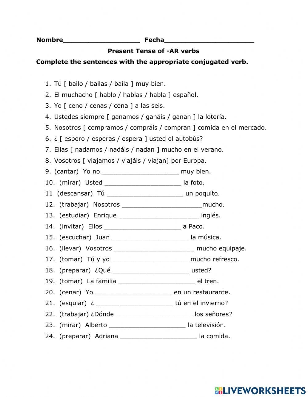 Present Tense AR Regular Verbs Worksheet Worksheets Library Present Tense AR Regular Verbs Worksheet Worksheets Library