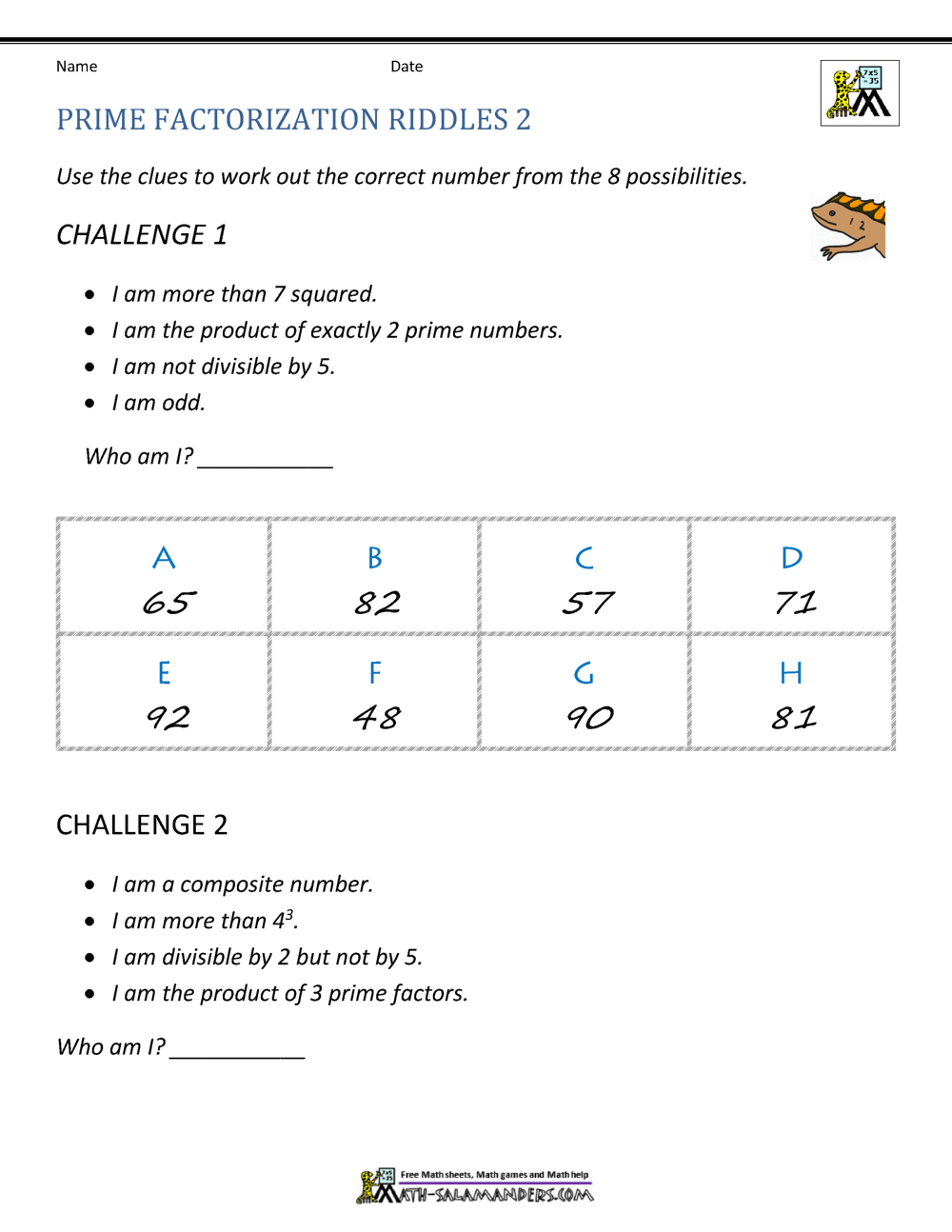 Prime Factorization Worksheet Page Prime Factorization Worksheet Page