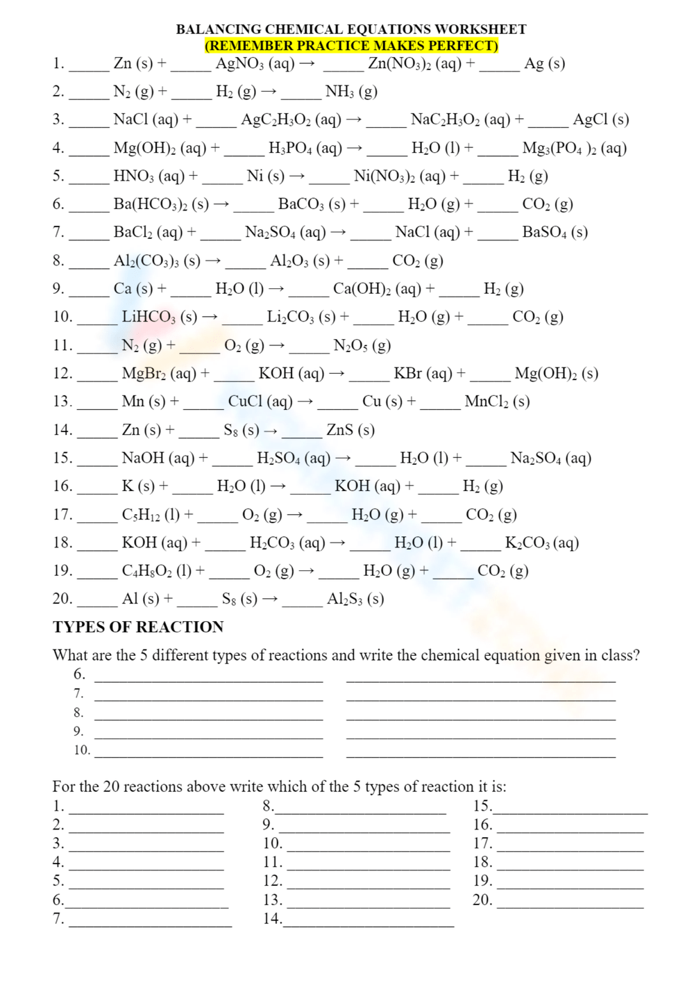 Printable 7th Grade Balancing Chemical Equations Worksheets
