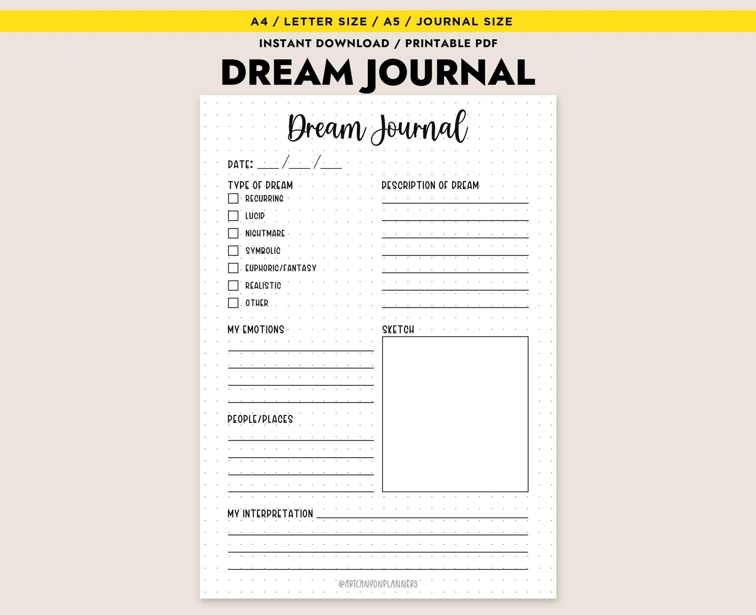 Printable Dream Journal Page Log Template PDF Instant Download Sleep Diary Analysis A4 Letter A5 Etsy