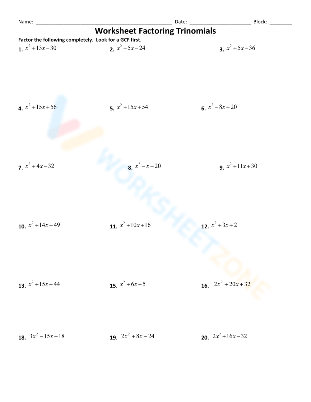 Printable Factoring Trinomials Worksheets