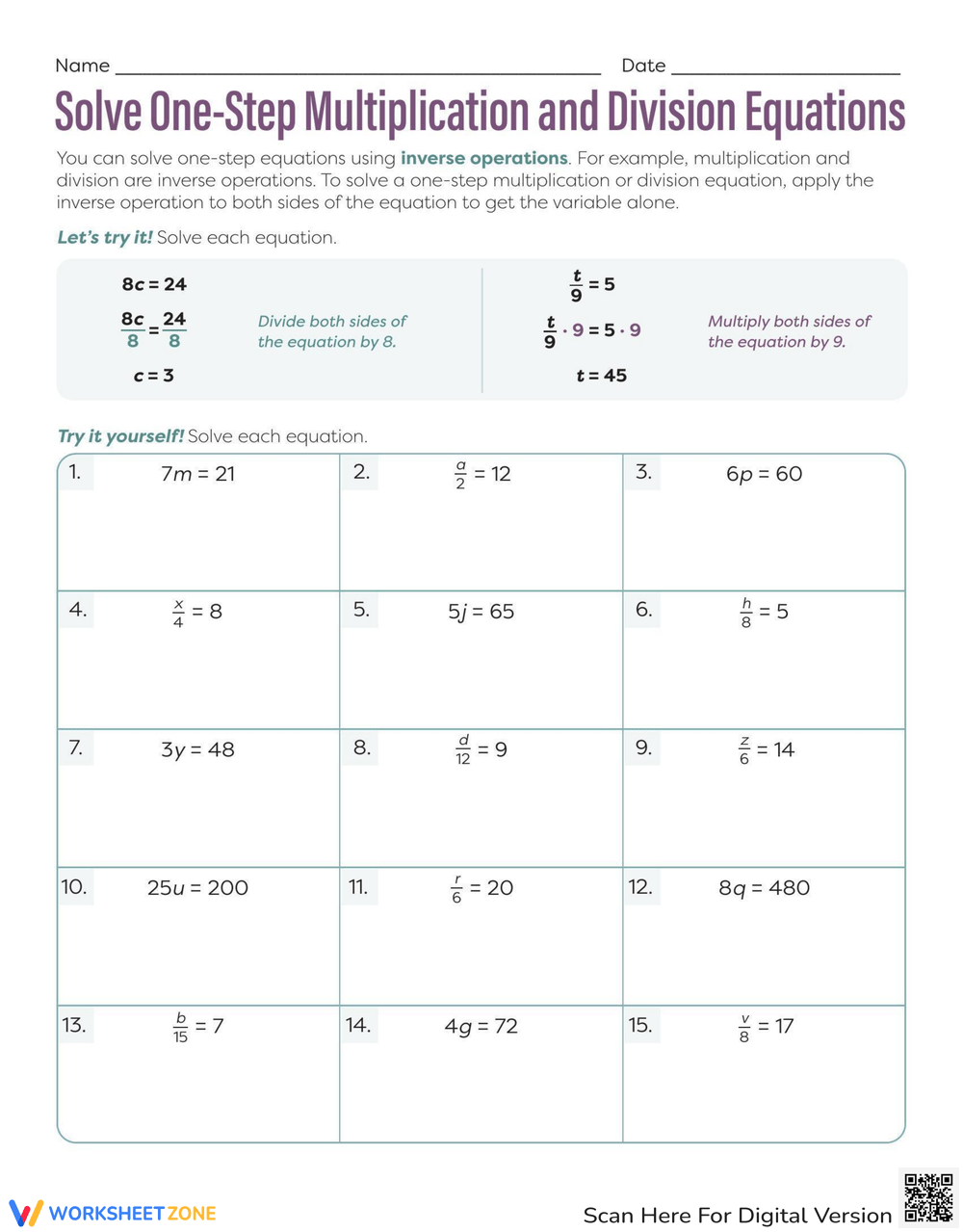 Printable One Variable Equations Worksheets Variable Equations Worksheets