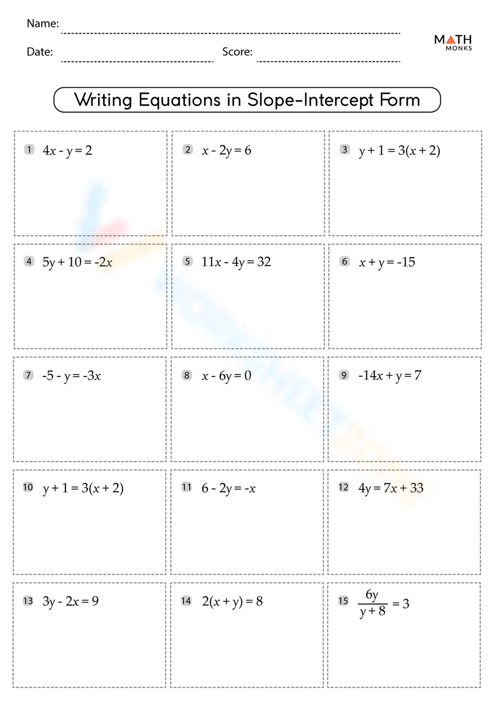 Printable Slope Intercept Form Y Mx B Worksheets Printable Slope Intercept Form Y Mx B Worksheets