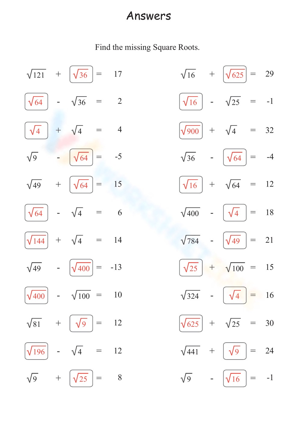 Printable Square Roots Fill In The Blanks Worksheets Printable Square Roots Fill In The Blanks Worksheets