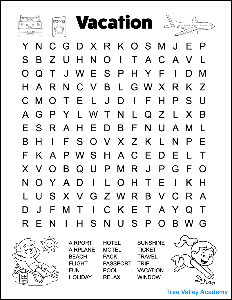 Printable Vacation Word Search For Kids Tree Valley Academy Printable Puzzles For Toddlers And Preschoolers PDF Empowered Parents