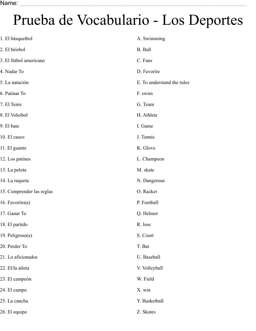 Prueba De Vocabulario Los Deportes Worksheet WordMint