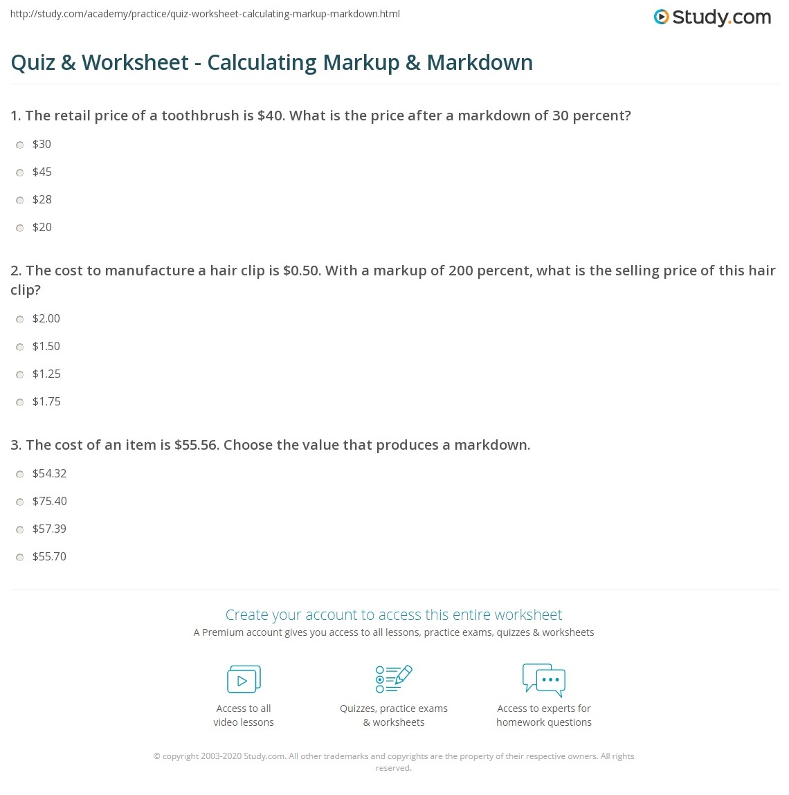 Quiz Worksheet Calculating Markup Markdown Study Quiz Worksheet Calculating Markup Markdown Study