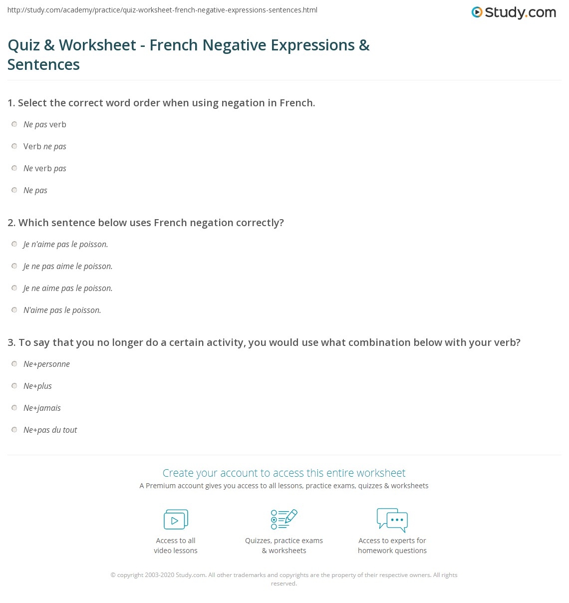 Quiz Worksheet French Negative Expressions Sentences Study Quiz Worksheet French Negative Expressions Sentences Study