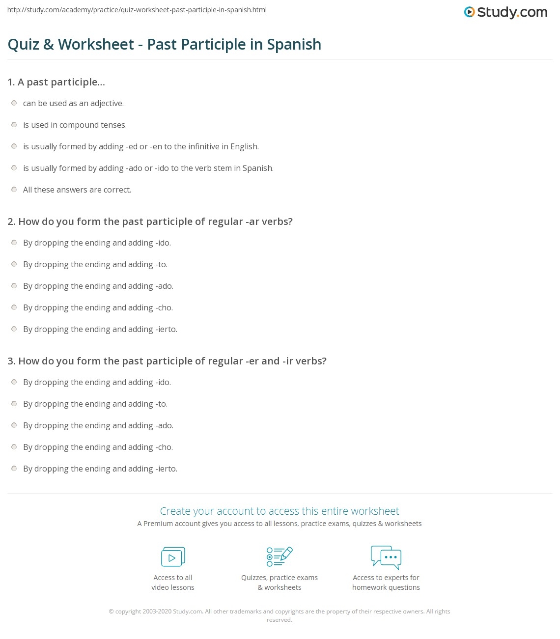 Quiz Worksheet Past Participle In Spanish Study