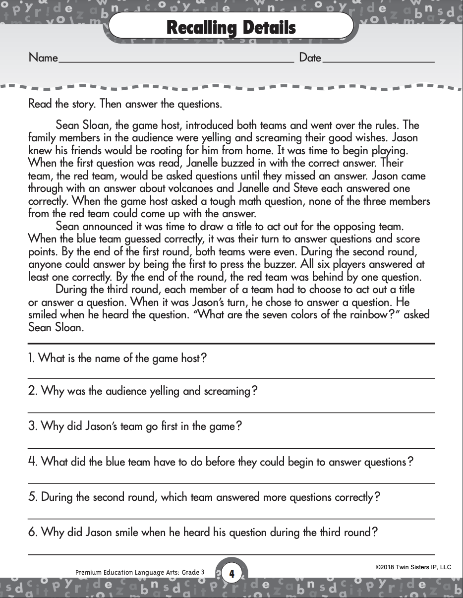 Reading Comprehension Language Arts Printable Workbook For Grade 3 By Teach Simple Reading Comprehension Language Arts Printable Workbook For Grade 3 By Teach Simple