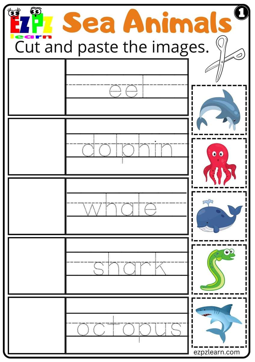 Sea Animals Cut And Paste Worksheet For Kids And ESL Set 1 Ezpzlearn Sea Animals Cut And Paste Worksheet For Kids And ESL Set 1 Ezpzlearn