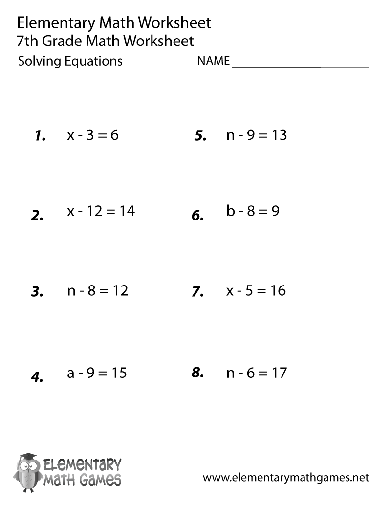 Seventh Grade Solving Equations Worksheet 7th Grade Algebra Worksheets