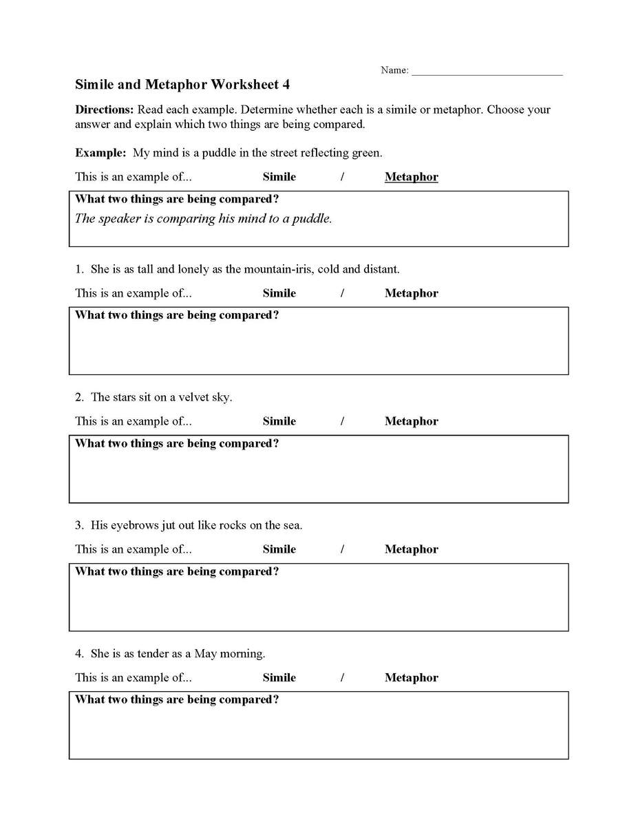 Simile And Metaphor Worksheet 4 Figurative Language Activity Simple Simile And Metaphor Worksheet Storyboard