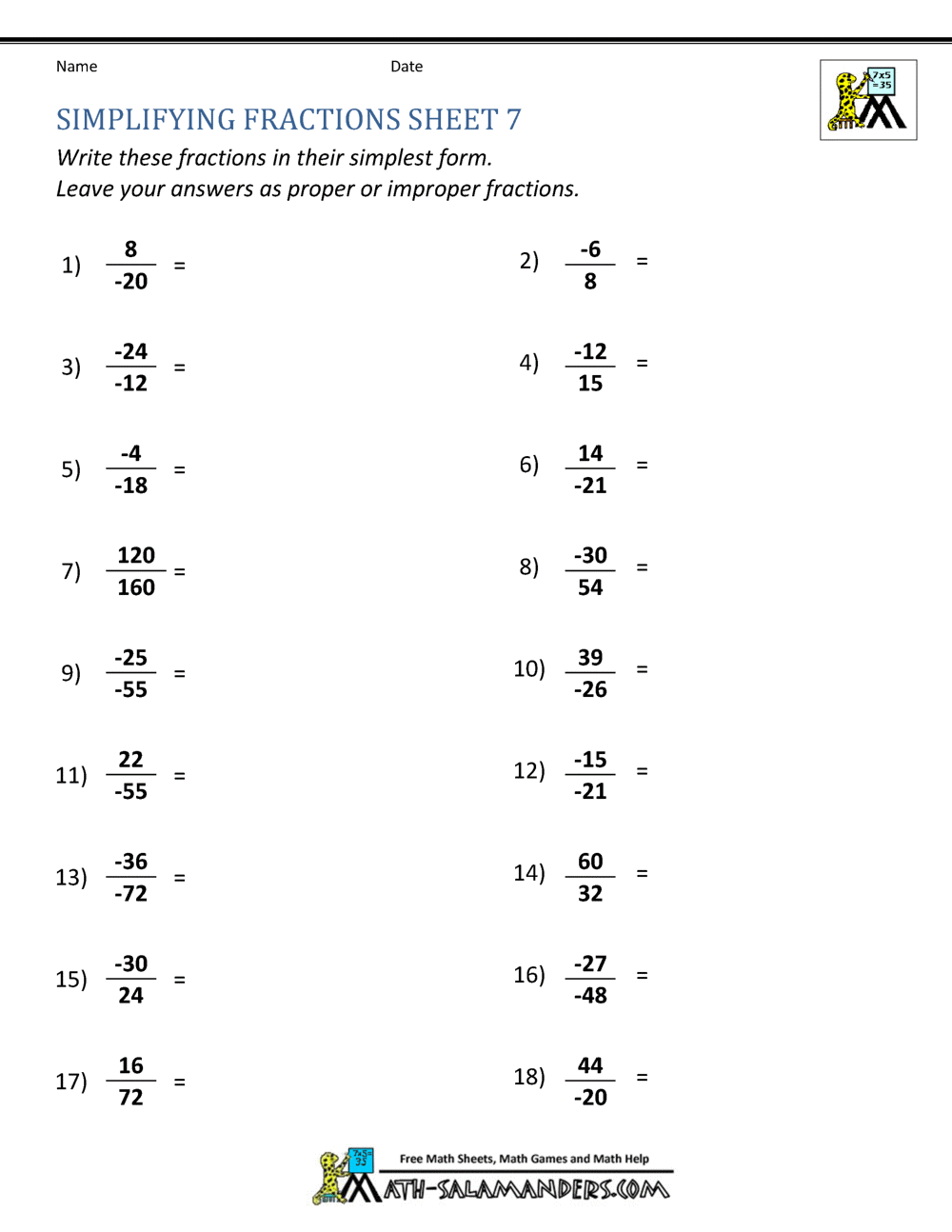 Simplifying Fractions Worksheet Simplifying Fractions Worksheet