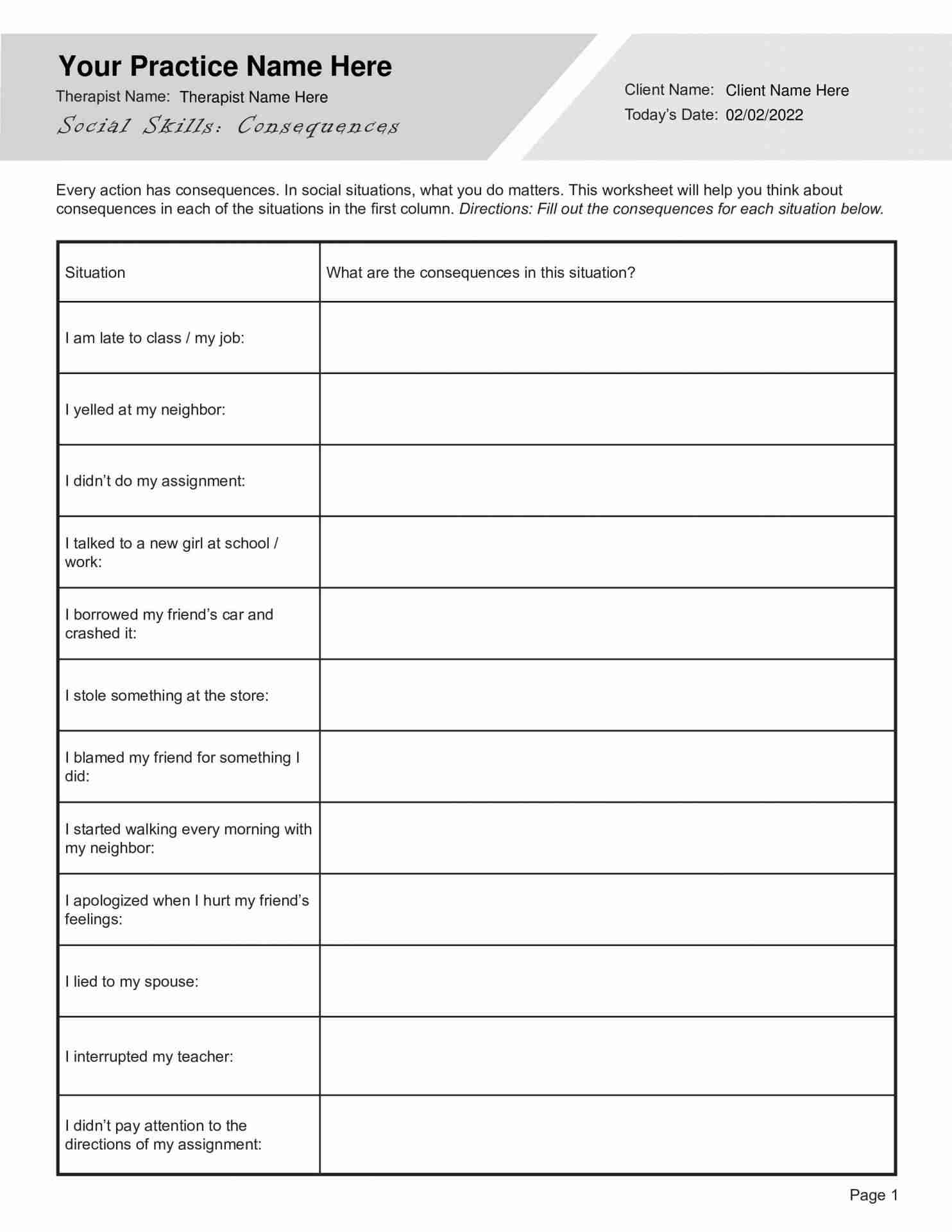 Social Skills Worksheet For Consequences TherapyByPro Social Skills Worksheet For Consequences TherapyByPro