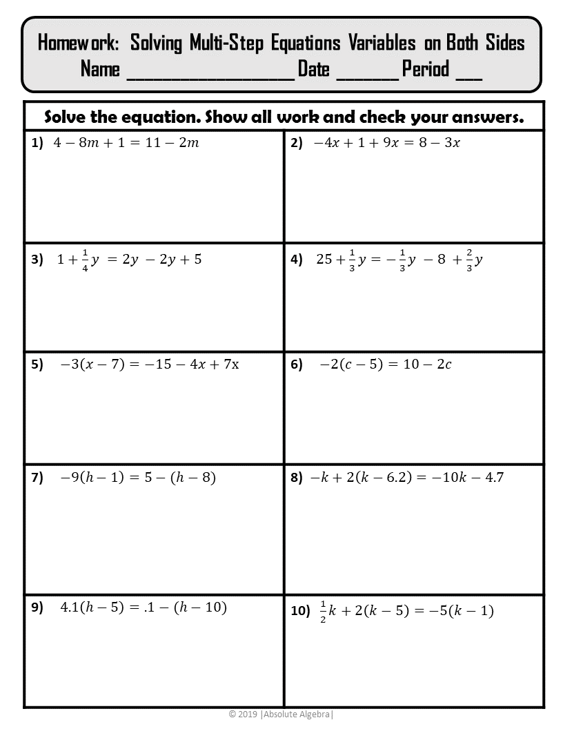 Equations With Variables On Both Sides Worksheet With Solutions Teaching Resources