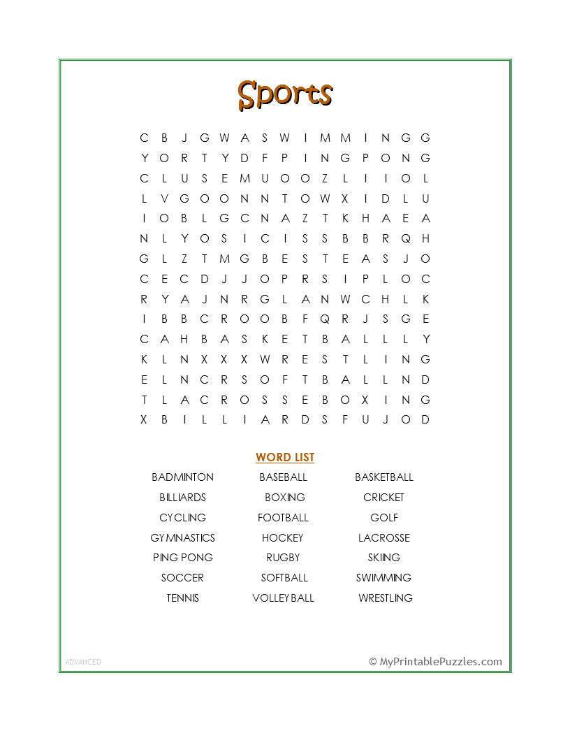 Sports Word Search Advanced My Printable Puzzles Sports Word Search Advanced My Printable Puzzles