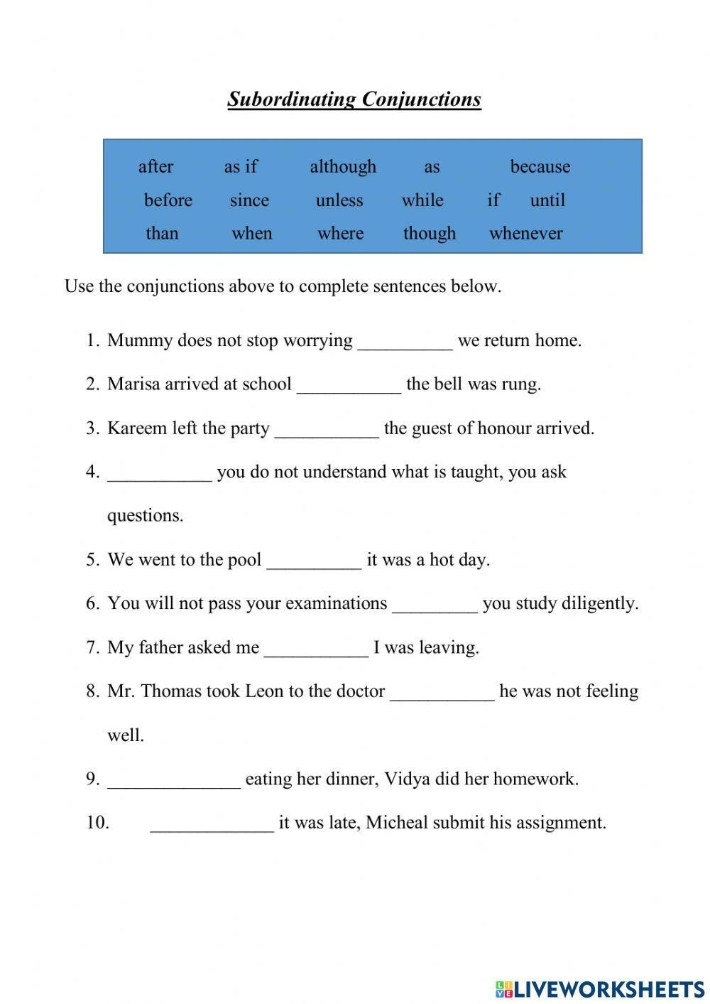 6th Grade Conjunctions Worksheets Printable
