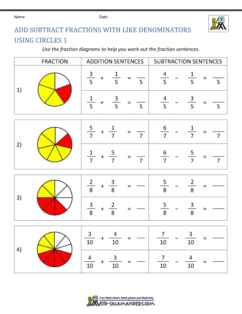 Subtracting Fractions With Like Denominators Worksheets