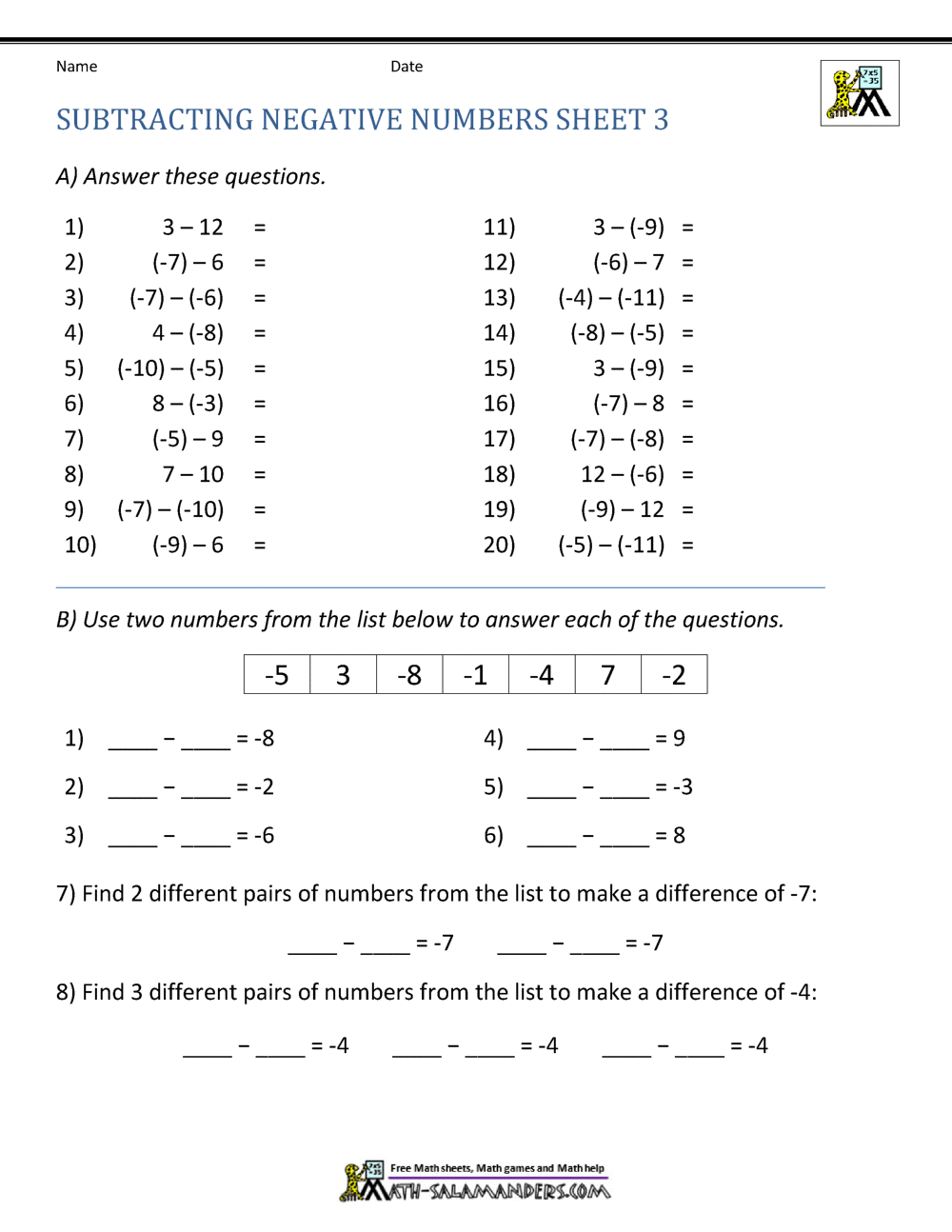 Subtracting Positive And Negative Numbers Subtracting Positive And Negative Numbers