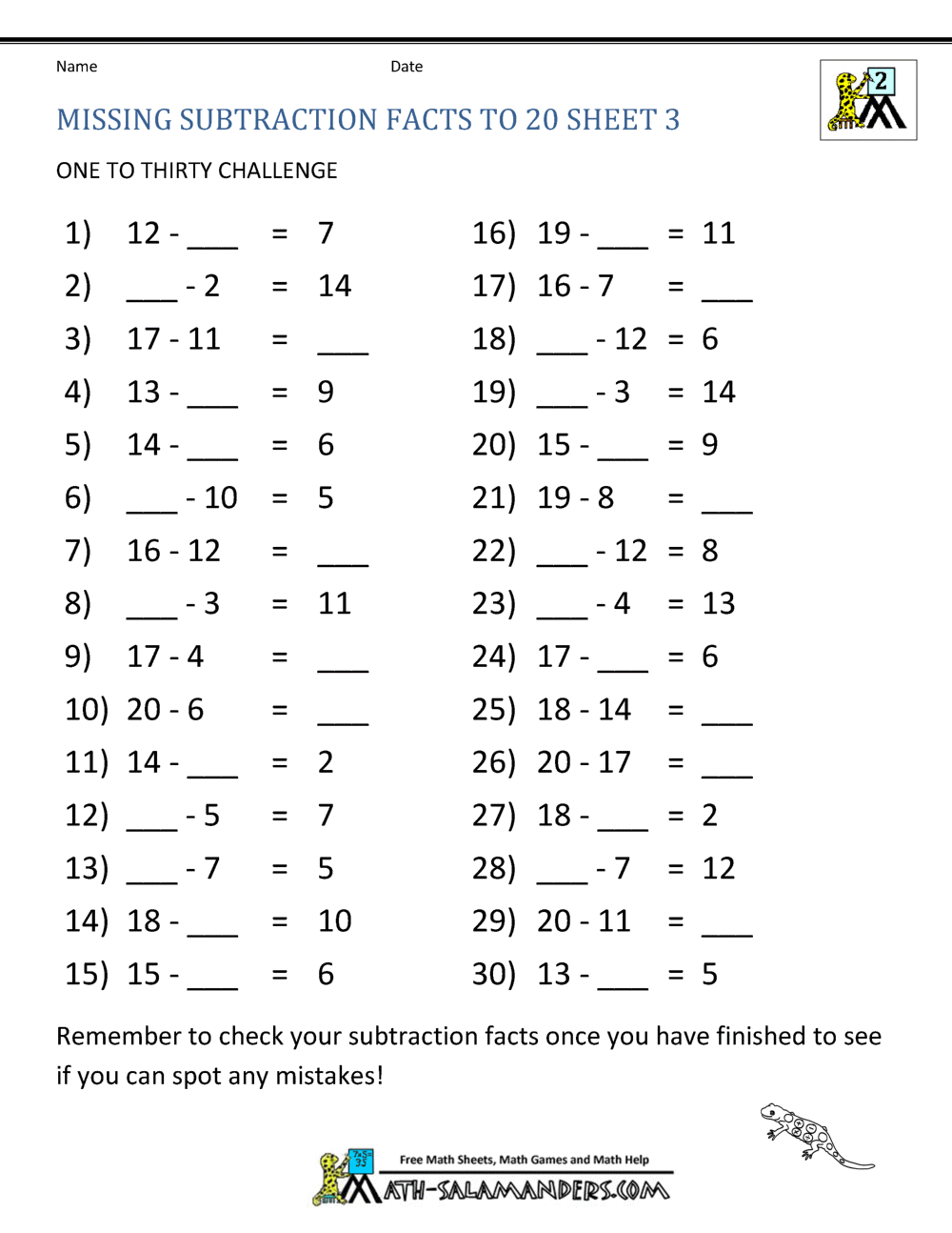 Subtraction Facts To 20 Worksheets 12 Printable Subtraction To 20 Fill In The Blanks Worksheets Numbers 1 20 Kindergarten 1st Grade Math Practice PDF Instant Download Etsy