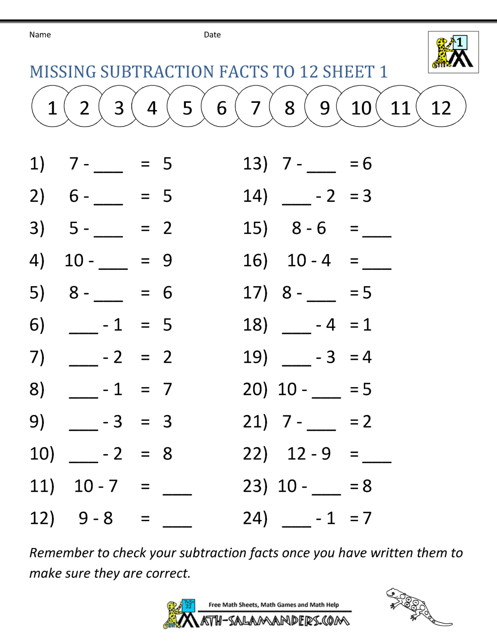 Subtraction Facts Worksheets 1st Grade Subtraction Facts Worksheets 1st Grade