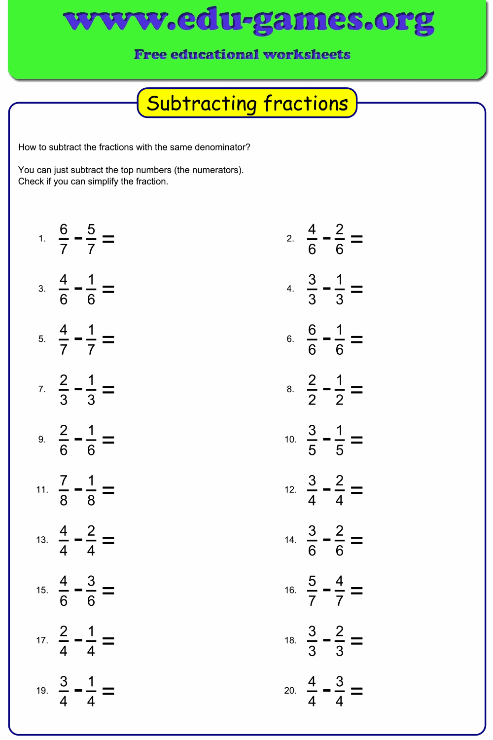 Subtraction Fraction Questions Worksheet Generator Free Printable PDF Creator Edu Games Subtraction Fraction Questions Worksheet Generator Free Printable PDF Creator Edu Games