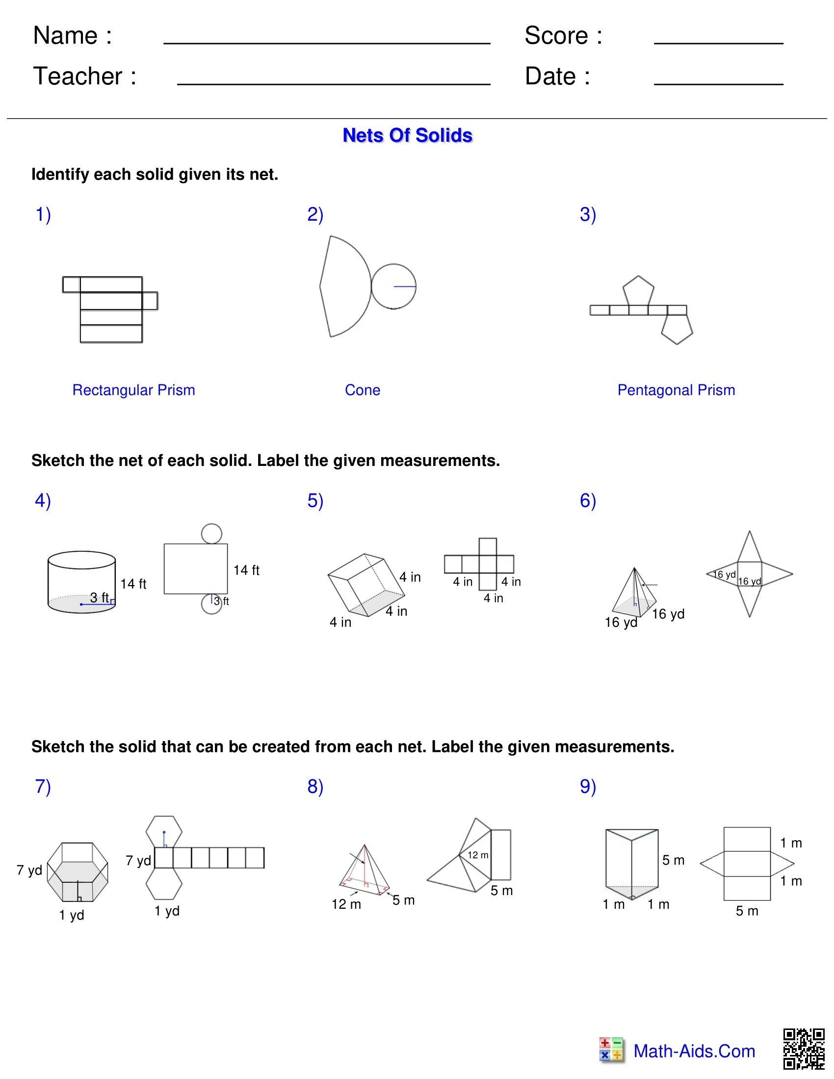 Surface Area Volume Nets Of Solids Worksheets Made By Teachers Surface Area Worksheet 6th Grade