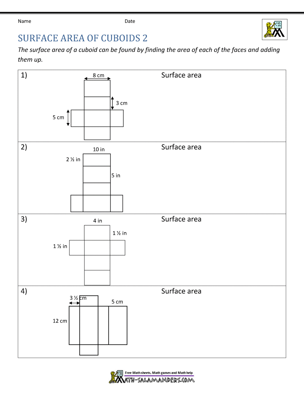 Surface Area Worksheet 6th Grade Surface Area Worksheet 6th Grade