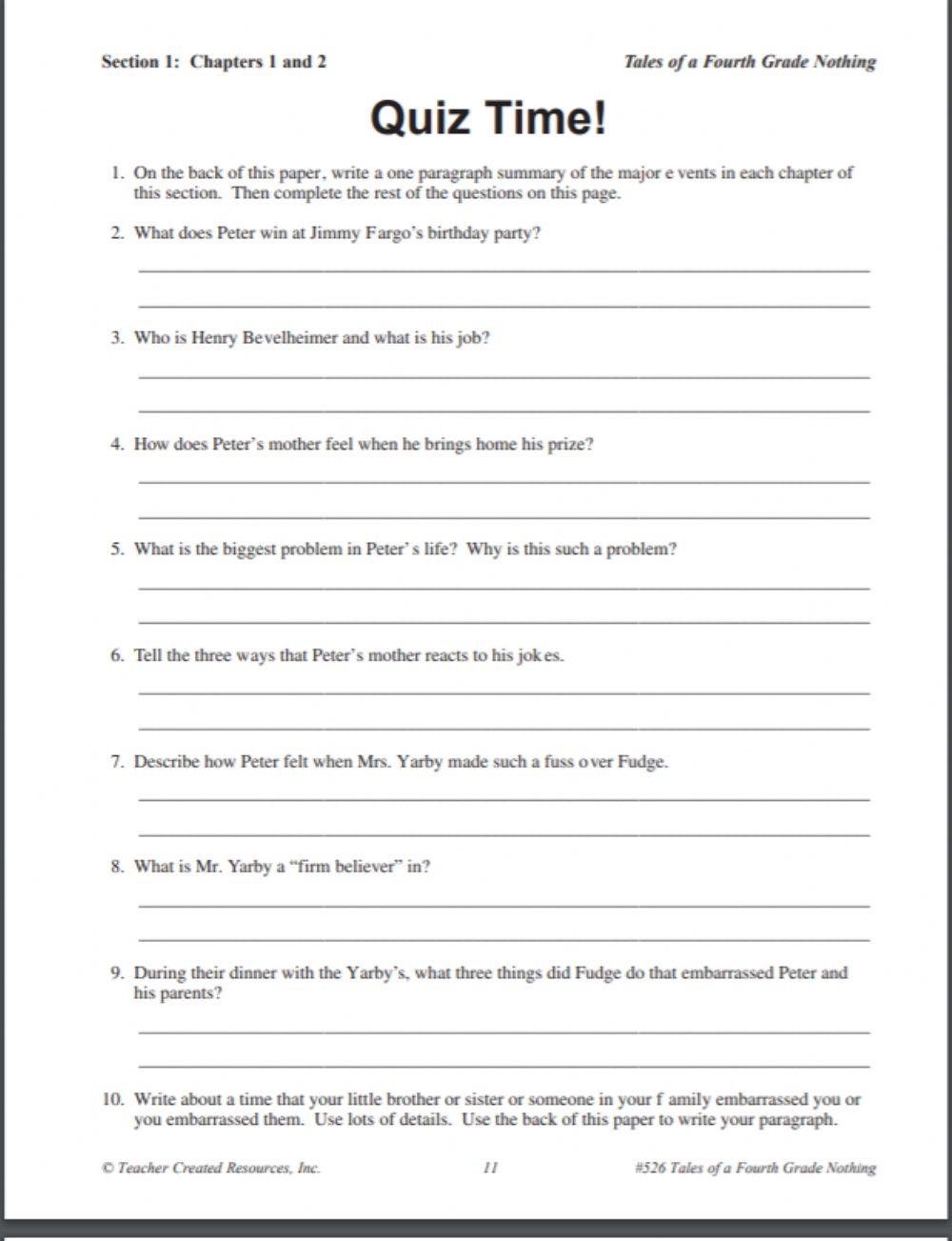 Tales Of A Fourth Grade Nothing Novel Study Comprehension And Worksheets Library Tales Of A Fourth Grade Nothing Novel Study Comprehension And Worksheets Library