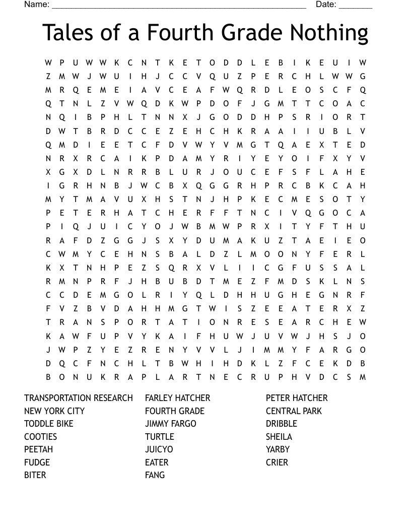 Tales Of A Fourth Grade Nothing Word Search WordMint Tales Of A Fourth Grade Nothing Novel Study Comprehension And Worksheets Library