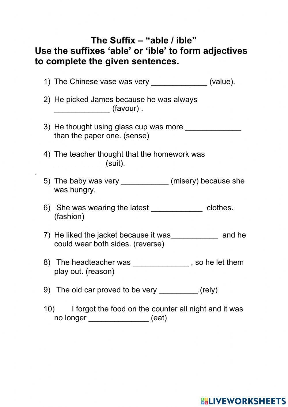 The Suffixes Able Ible Worksheet Worksheets Library