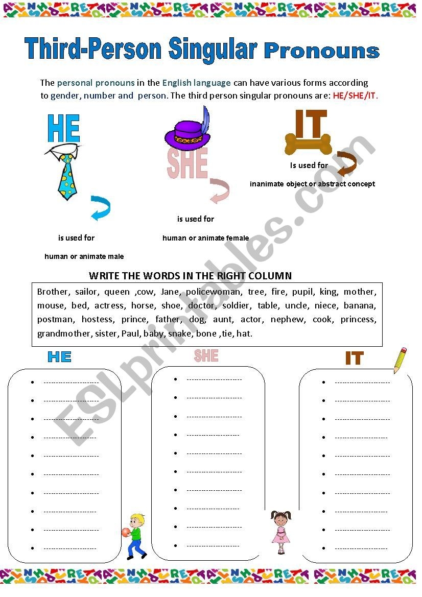 THIRD PERSON SINGULAR PRONOUNS ESL Worksheet By LIA THE TEACHER Pronouns Worksheets Personal Pronouns Worksheets