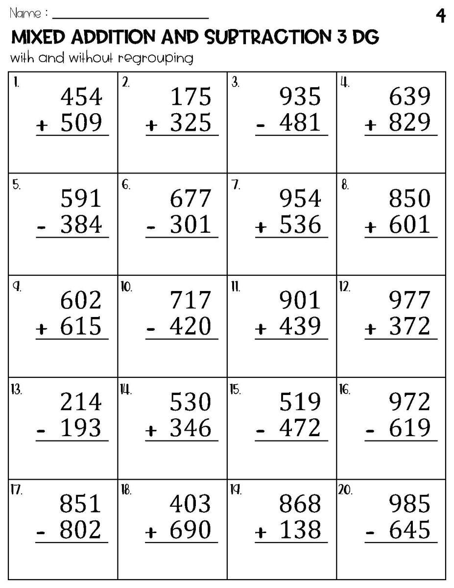 100 Two And Three Digit Mixed Addition And Subtraction With Grid Worksheets Etsy