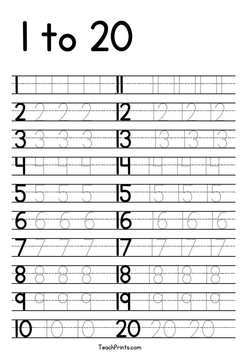 Tracing Numbers 1 20 Worksheets Free Printable Pdfs Teach Prints Free 1 20 Counting Worksheets Teach Prints