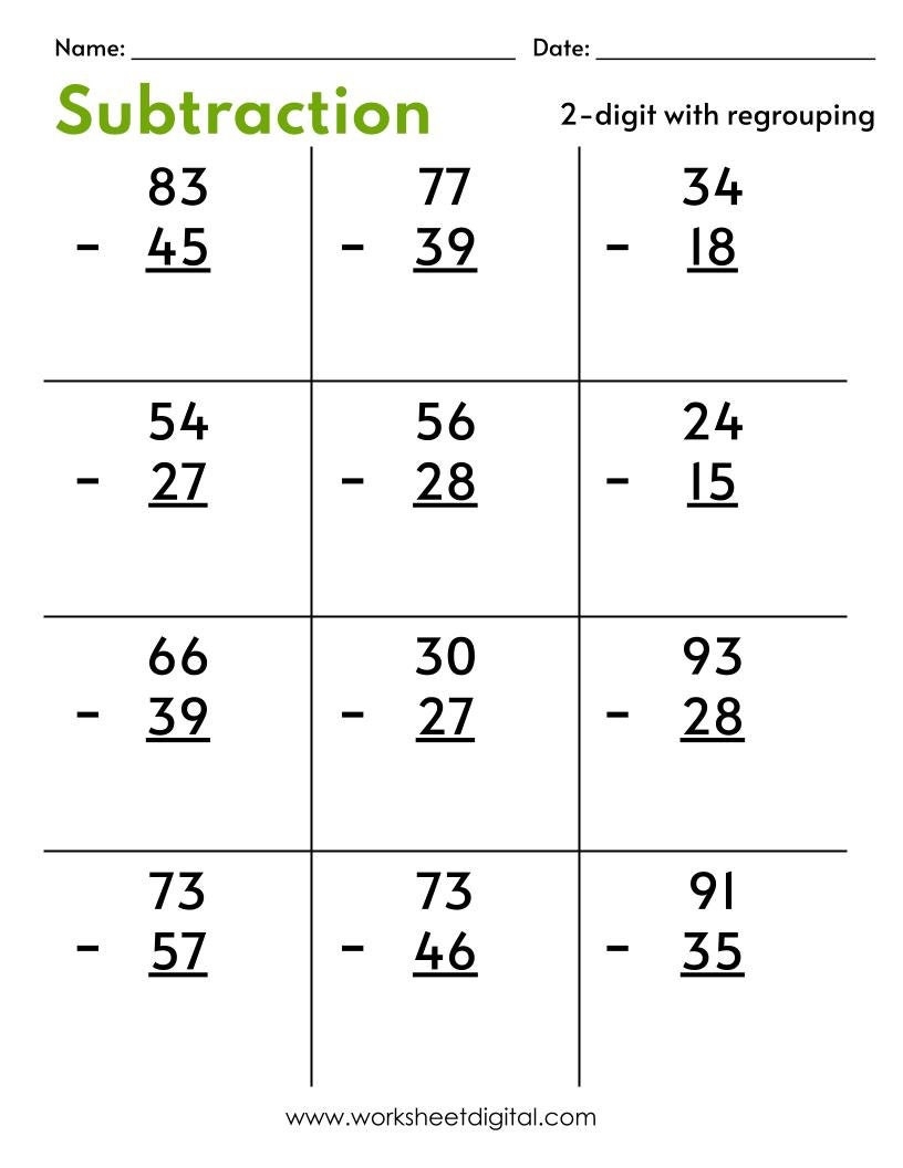 Two Digit Subtraction Worksheets With Regrouping PDF Etsy Two Digit Subtraction Worksheets With Regrouping PDF Etsy