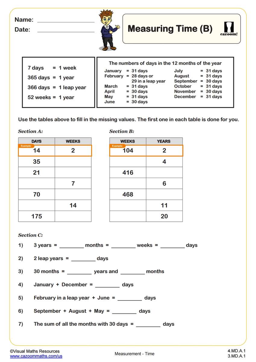 Units Of Time B PDF Printable Measurement Worksheets Cazoom Math