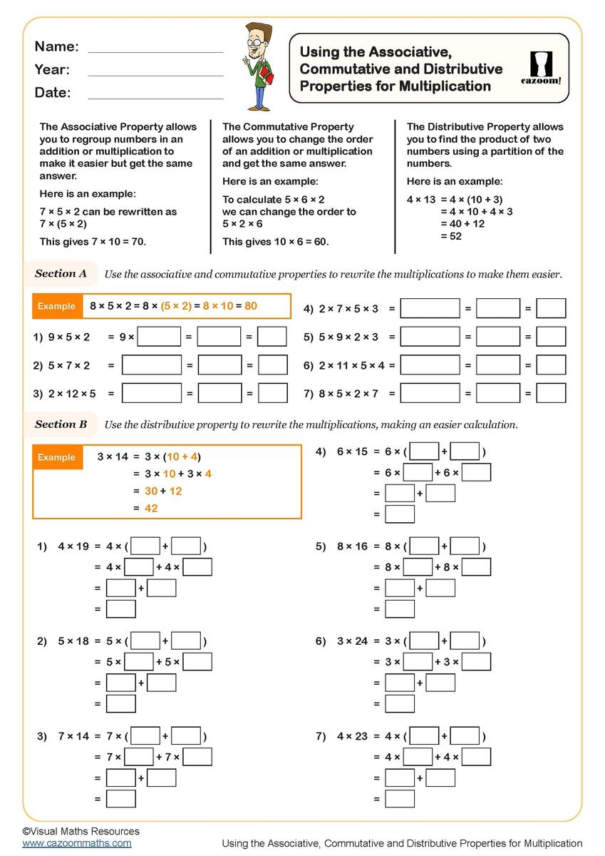 Using The Associative Commutative And Distributive Properties For Multiplication Worksheet PDF Printable Number Worksheets Associative Property Of Addition Free 1st Grade Worksheet