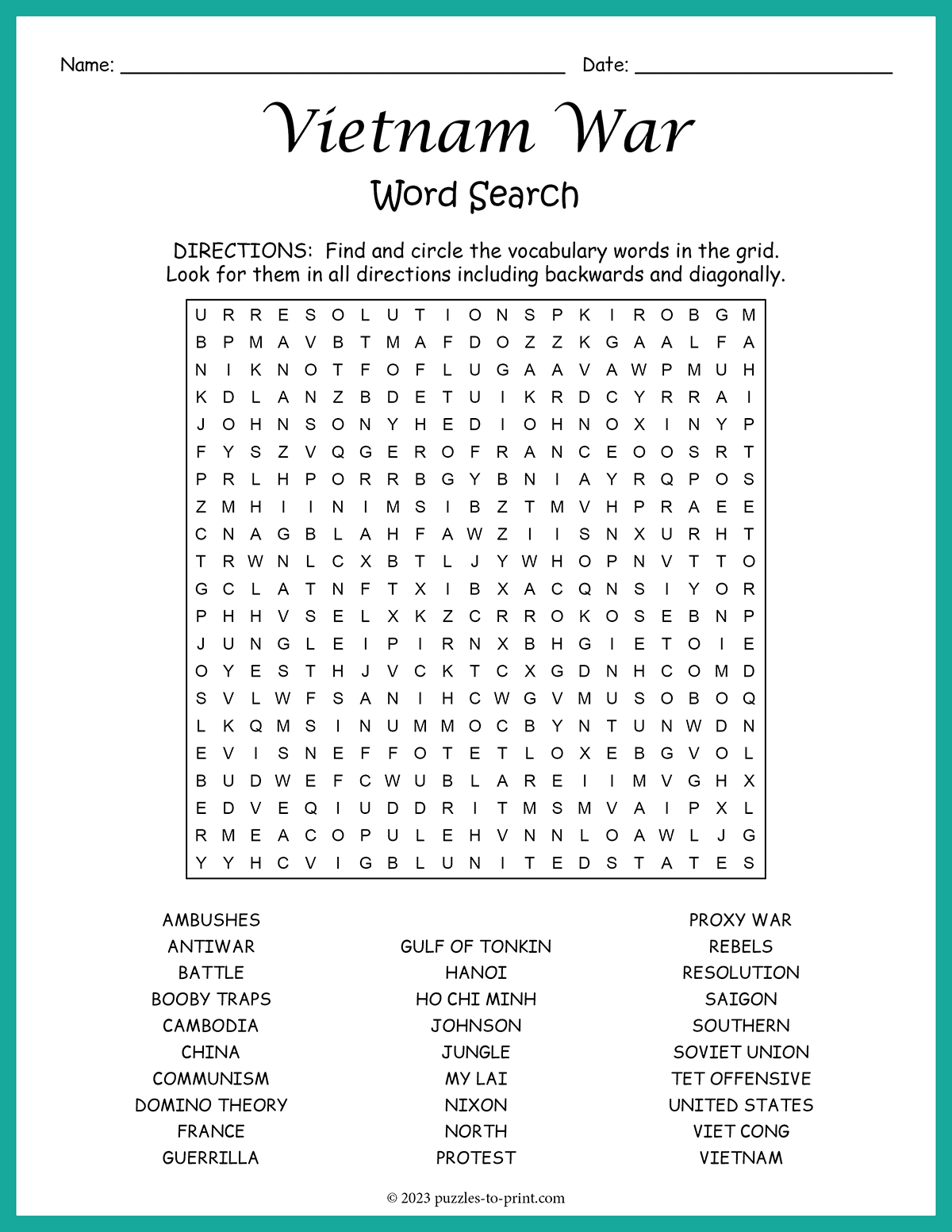 Vietnam War Word Search Vietnam War Word Search