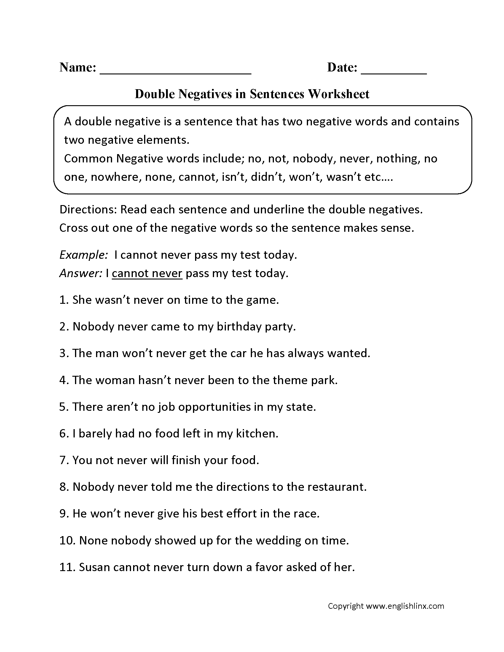 Double Negatives Worksheet For Class 4 Free PDF Practice
