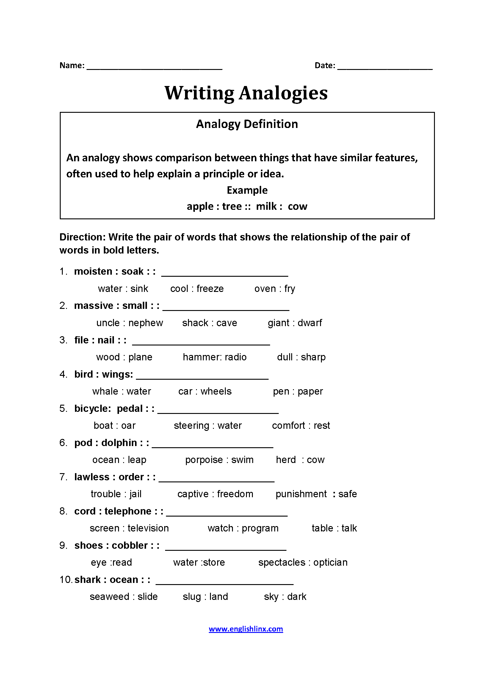 Writing Analogies Create Your Own Word Analogies Circling Analogies Word Relationship Worksheet Practice