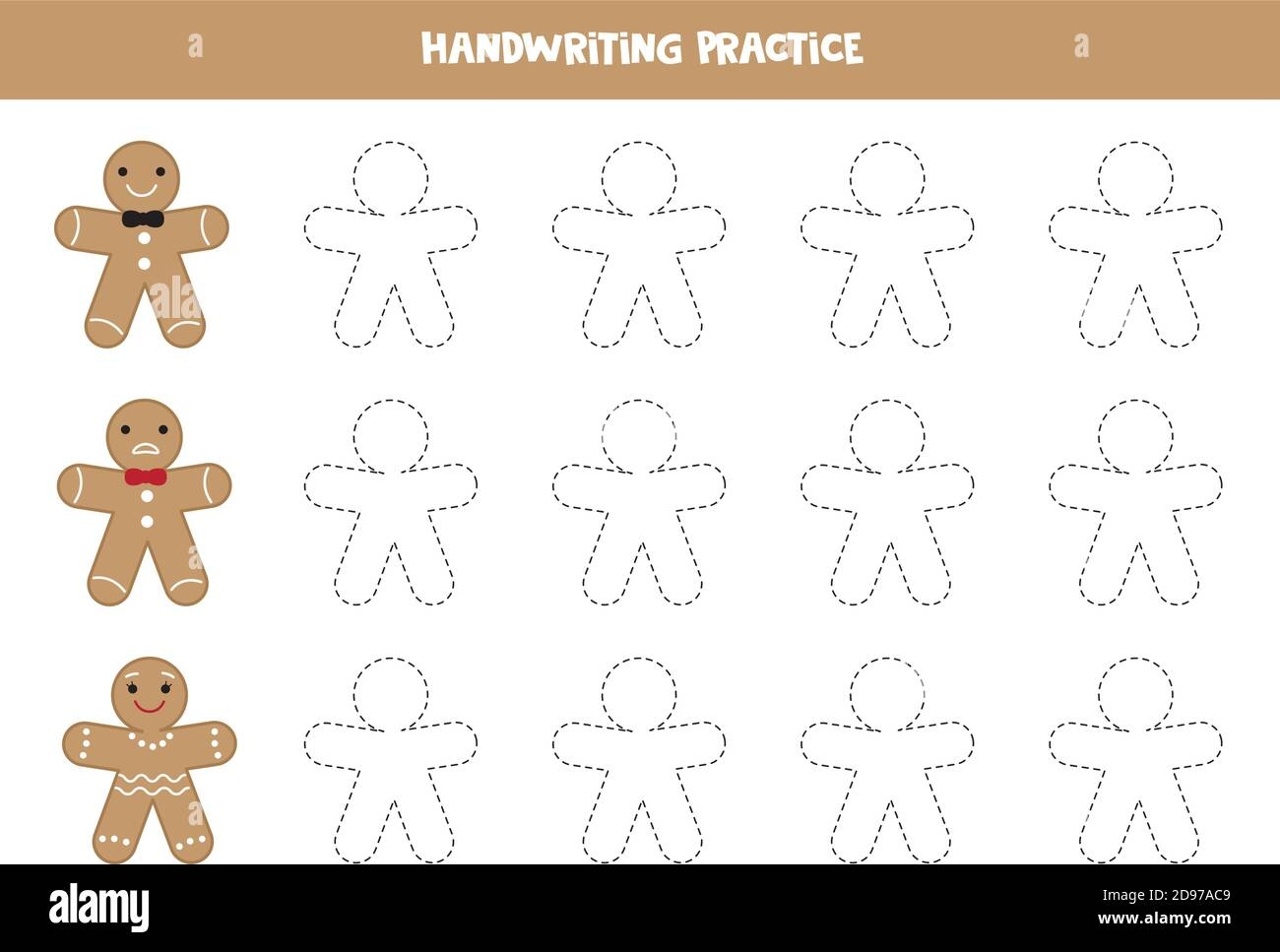 Writing Practice Worksheet For Children Tracing Gingerbread Cookies Men Stock Vector Image Art Alamy