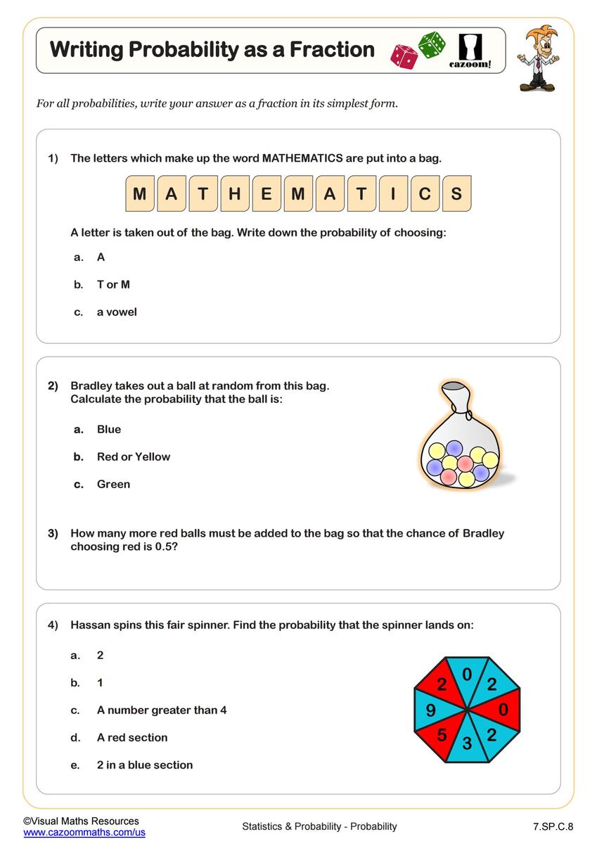Writing Probability As A Fraction Worksheet PDF Printable Statistics Probability Worksheet Cazoom Math Probability Worksheets Printable Probability Scale Worksheets Probability Tree Diagram Worksheets Cazoom Maths